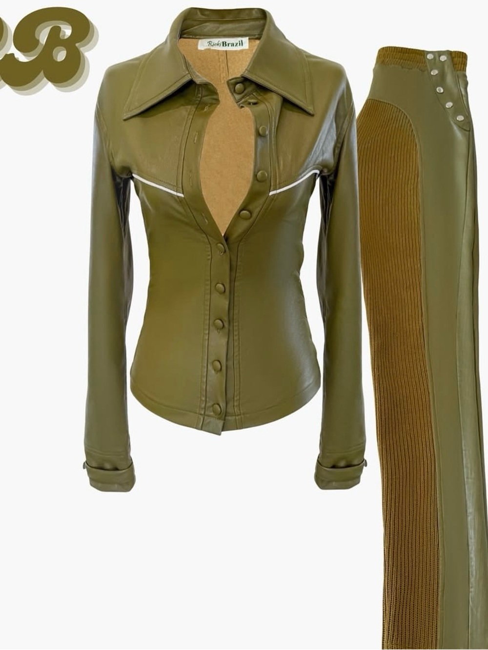 Olive Green Button-Front Leather Shirt two piece set.